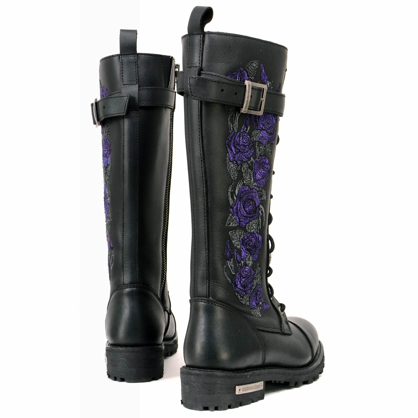 Milwaukee Leather MBL9357 Women's Black 14” Tall Motorcycle Boots Lace-Up High-Rise Purple Embroidered Leather Shoe