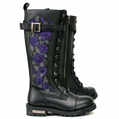 Milwaukee Leather MBL9357 Women's Black 14” Tall Motorcycle Boots Lace-Up High-Rise Purple Embroidered Leather Shoe