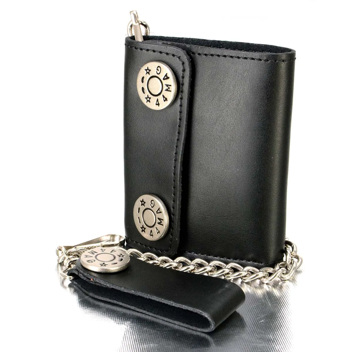 Milwaukee Leather MLW7822 Men's 4.25” Leather Bi-Fold Biker Wallet w/ Anti-Theft Stainless Steel Chain and 44 Mag Nickel Snaps