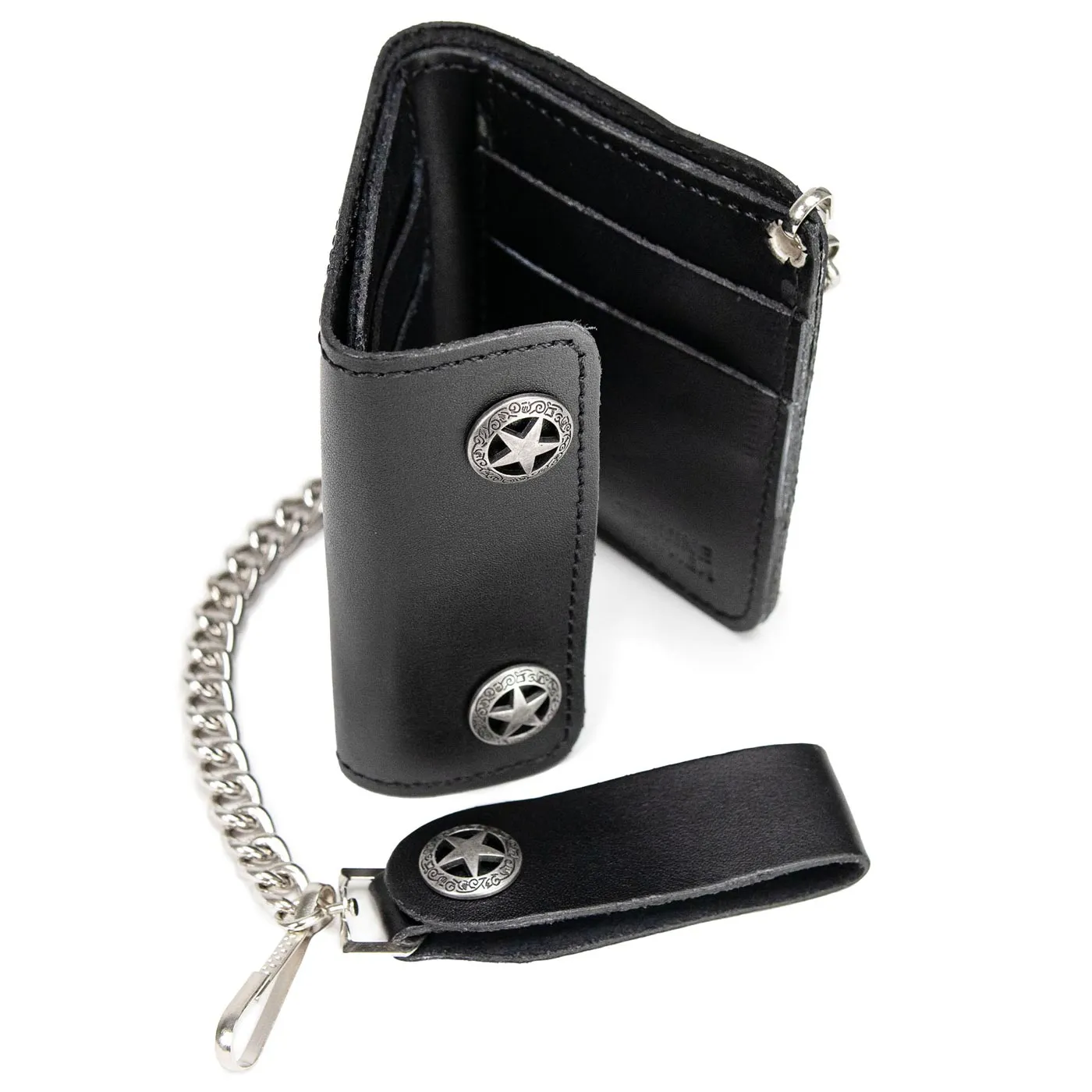 Milwaukee Leather MLW7823 Men's 4.25" Western Star Black Bi-Fold Leather Biker Wallet w/ Anti-Theft Stainless Steel Chain