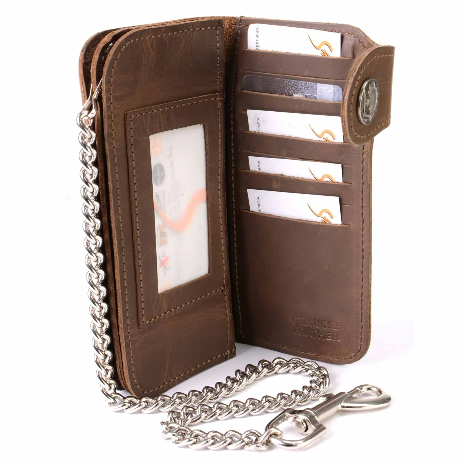 Milwaukee Leather MLW7829 Men's 7" Brown Leather Bi-Fold Biker Wallet w/ Anti-Theft Stainless Steel Chain and Buffalo Nickel Snap