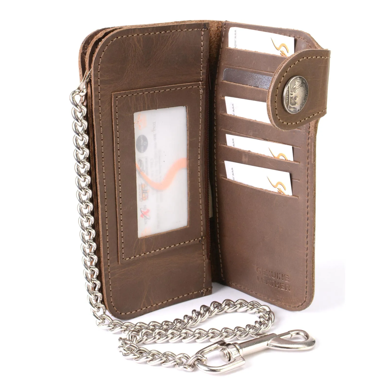 Milwaukee Leather MLW7829 Men's 7" Brown Leather Bi-Fold Biker Wallet w/ Anti-Theft Stainless Steel Chain and Buffalo Nickel Snap