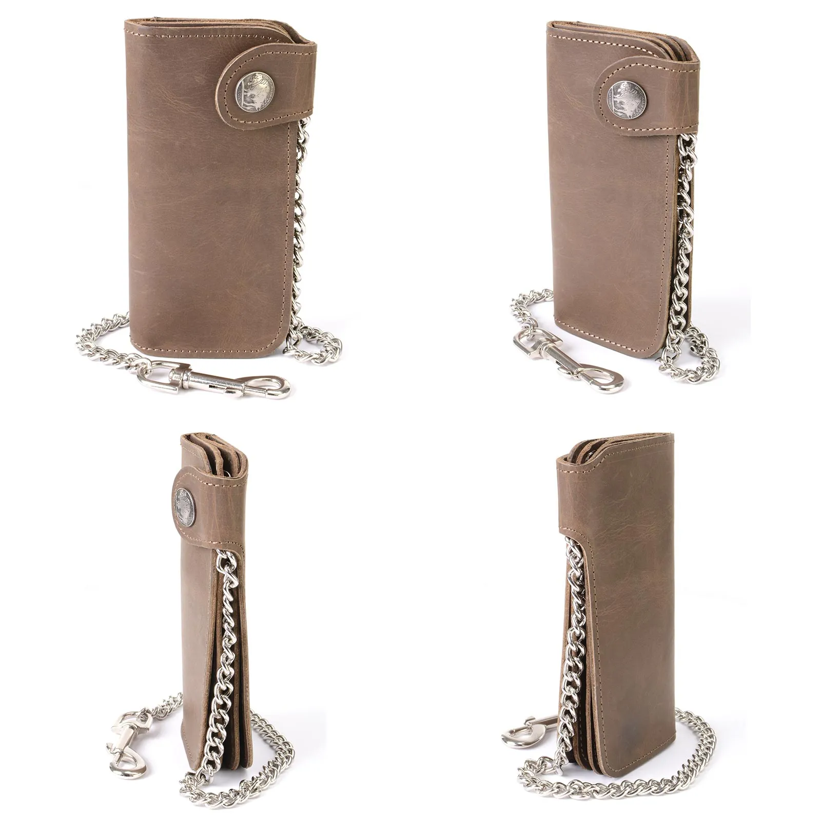 Milwaukee Leather MLW7829 Men's 7" Brown Leather Bi-Fold Biker Wallet w/ Anti-Theft Stainless Steel Chain and Buffalo Nickel Snap