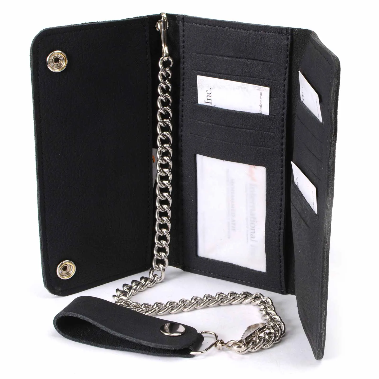 Milwaukee Leather MLW7865 Men's 7" Black Soft Premium Cowhide Leather Tri Fold Wallet w/ Anti-Theft Stainless Steel Chain