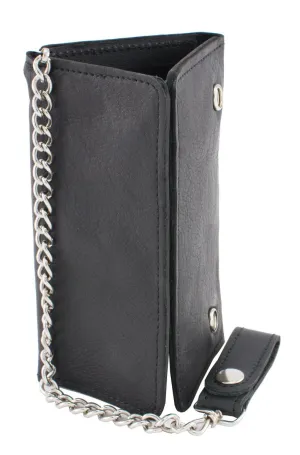 Milwaukee Leather MLW7865 Men's 7" Black Soft Premium Naked Cowhide Leather Tri Fold Wallet w/ Anti-Theft Stainless Steel Chain