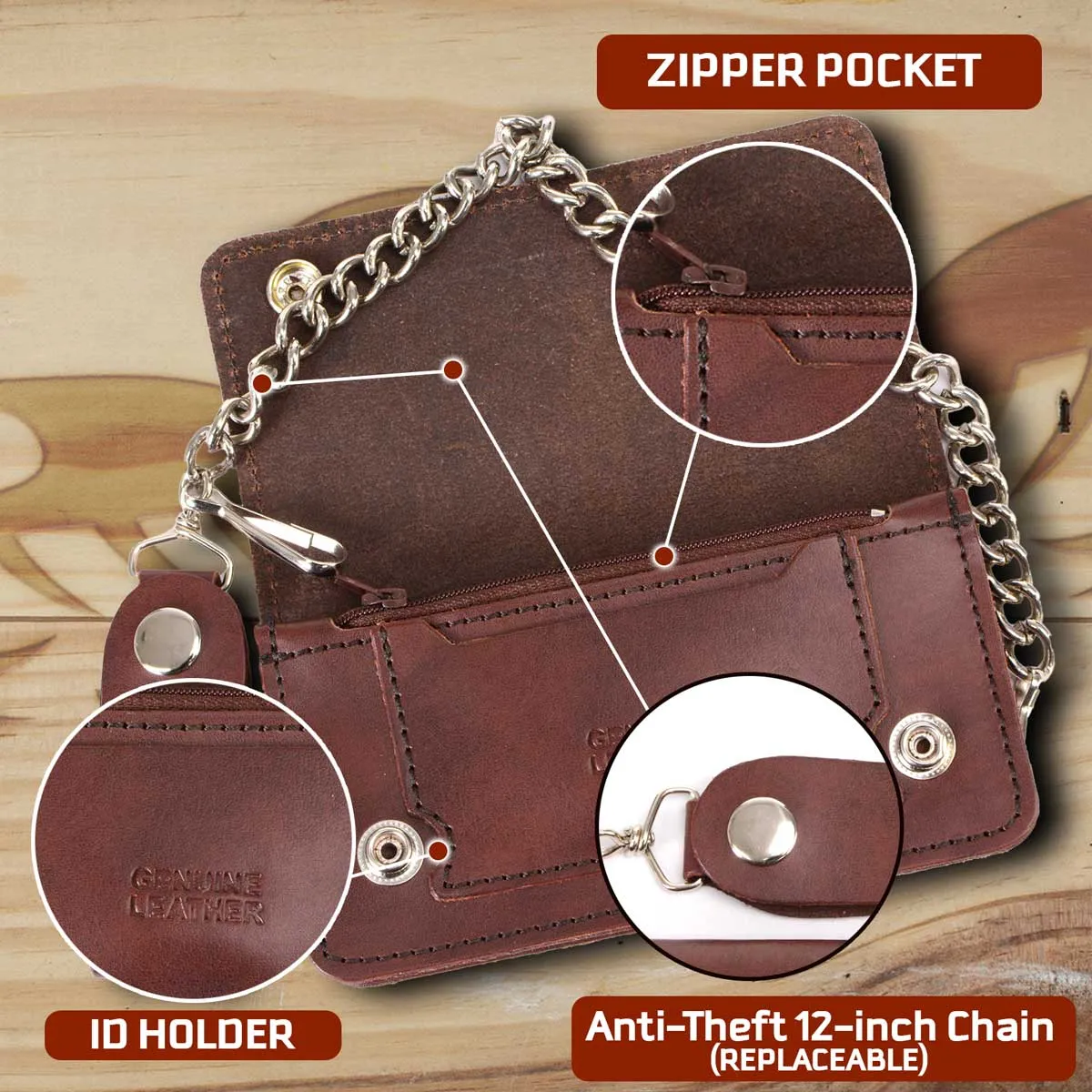 Milwaukee Leather MLW7884 Men's 6 Inch Antique Brown Leather Bi-Fold Biker Wallet w/ Anti-Theft Stainless Steel Chain