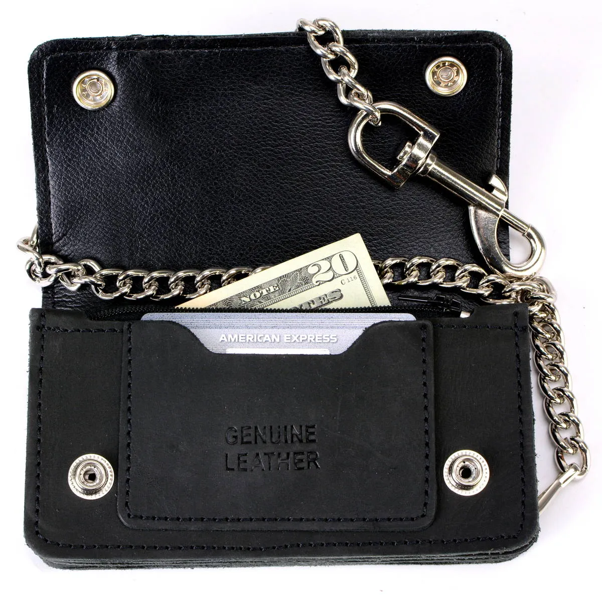 Milwaukee Leather MLW7890 Men's 6" Leather Bi-Fold Biker Wallet w/ Anti-Theft Stainless Steel Chain and Zipper Pocket