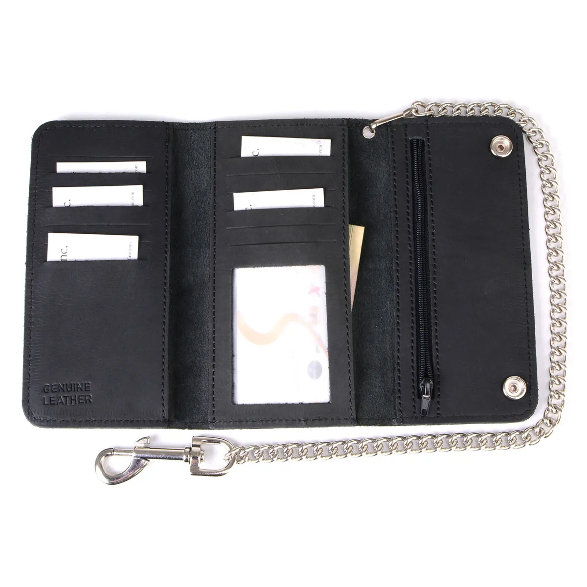 Milwaukee Leather MLW7891 Men's 7" Premium Leather Tri-Fold Biker Wallet w/ Anti-Theft Stainless Steel Chain and Zipper Pocket