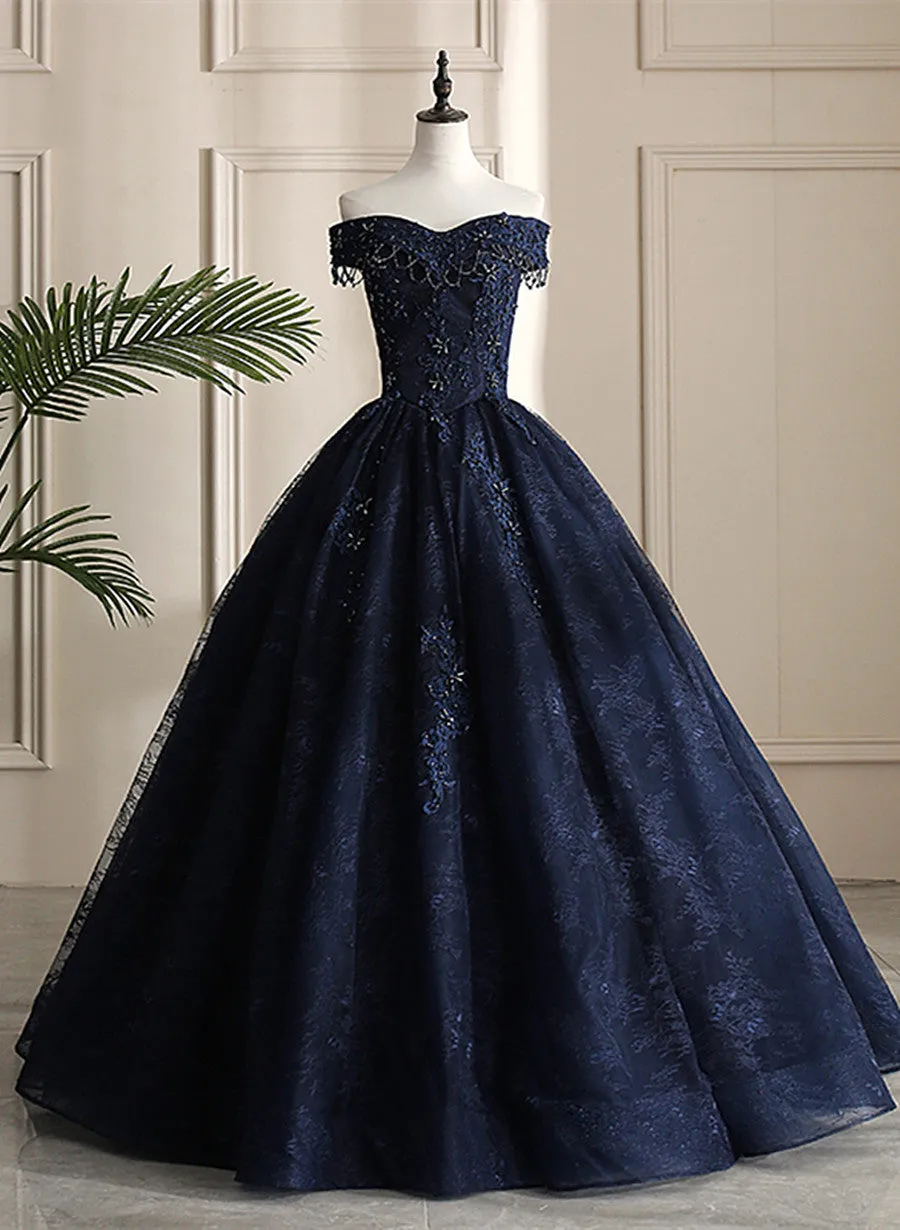 Navy Blue Sweetheart with Lace Applique Sweet 16 Dress, Blue Long Formal Dress