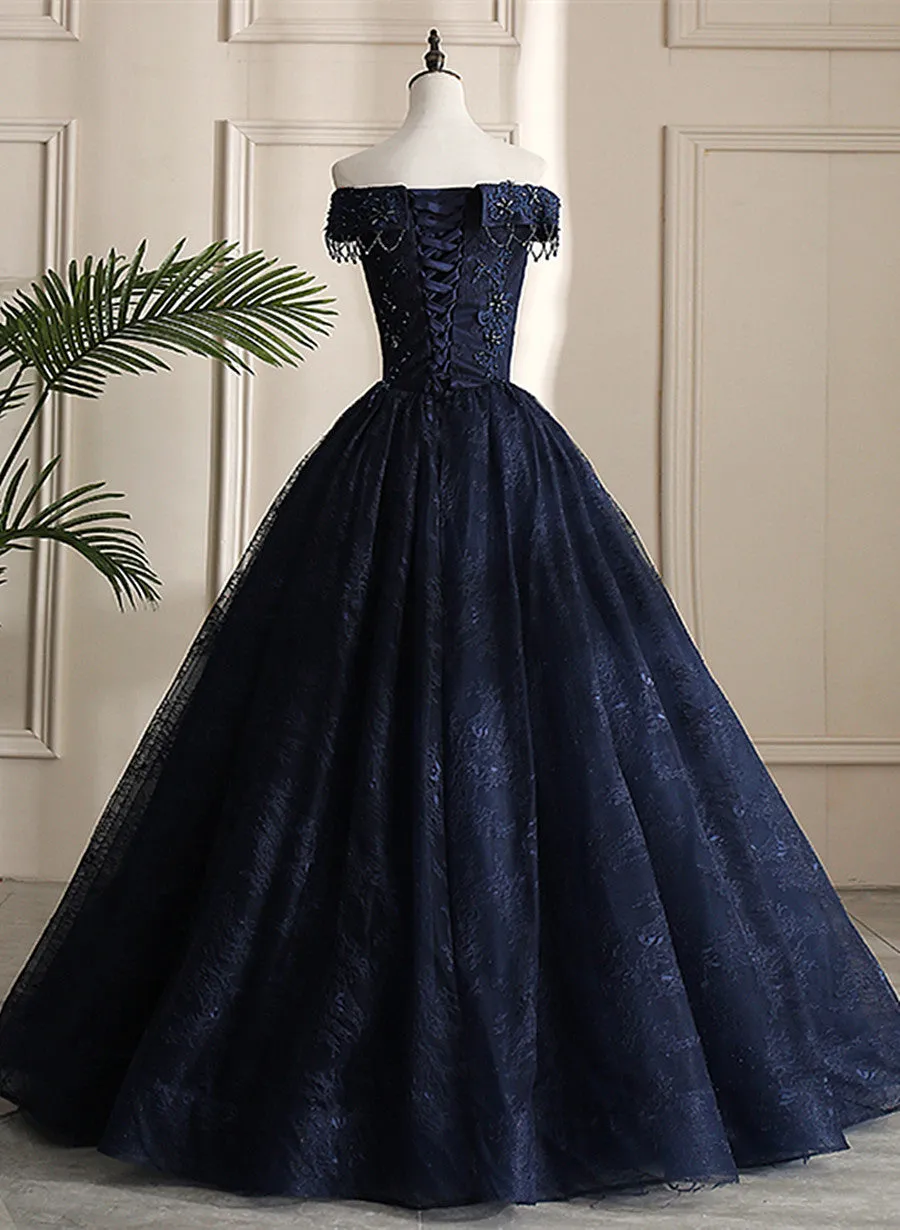 Navy Blue Sweetheart with Lace Applique Sweet 16 Dress, Blue Long Formal Dress