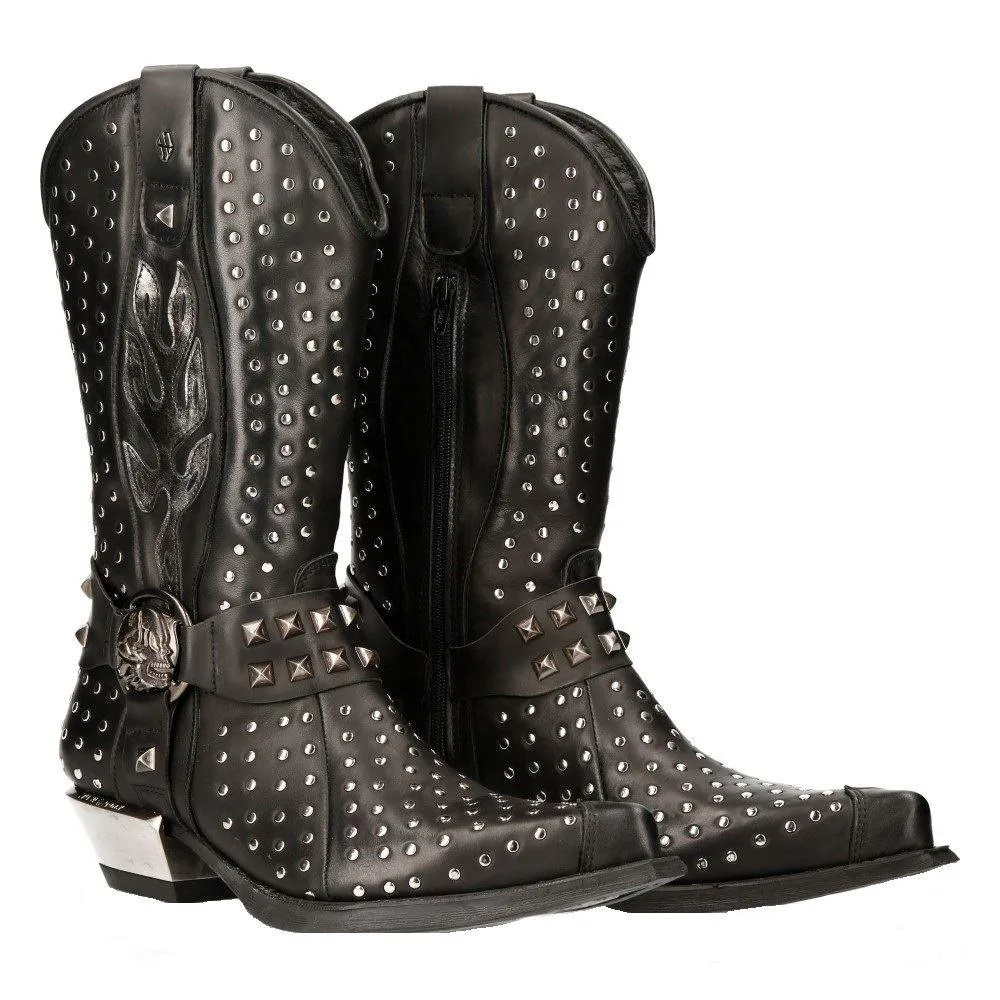 New Rock M-7928-s1 Western Cowboy Boots Black Leather Heavy Biker Silver Studs