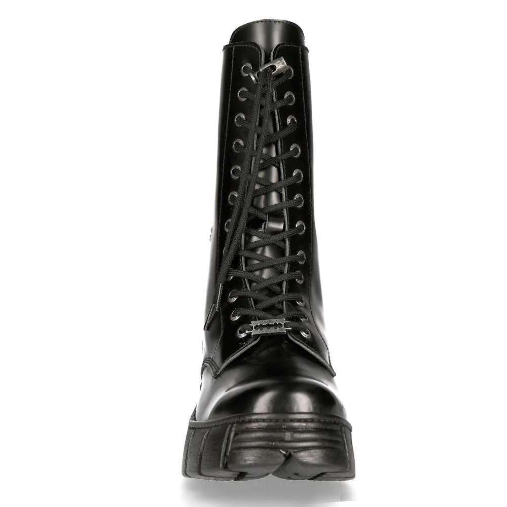 New Rock M-WALL027N-C2 Boots Black Leather Wall Rock Biker Mid-Calf Tower Boots