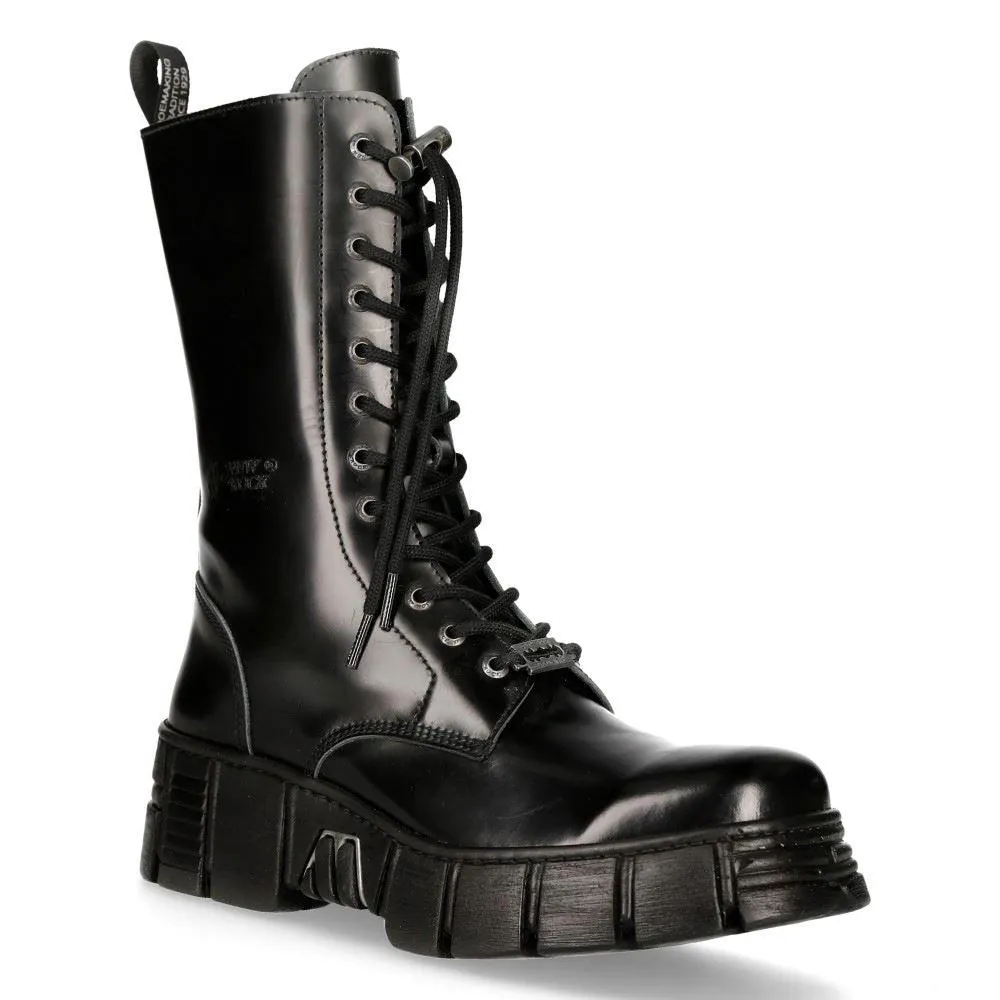 New Rock M-WALL027N-C2 Boots Black Leather Wall Rock Biker Mid-Calf Tower Boots