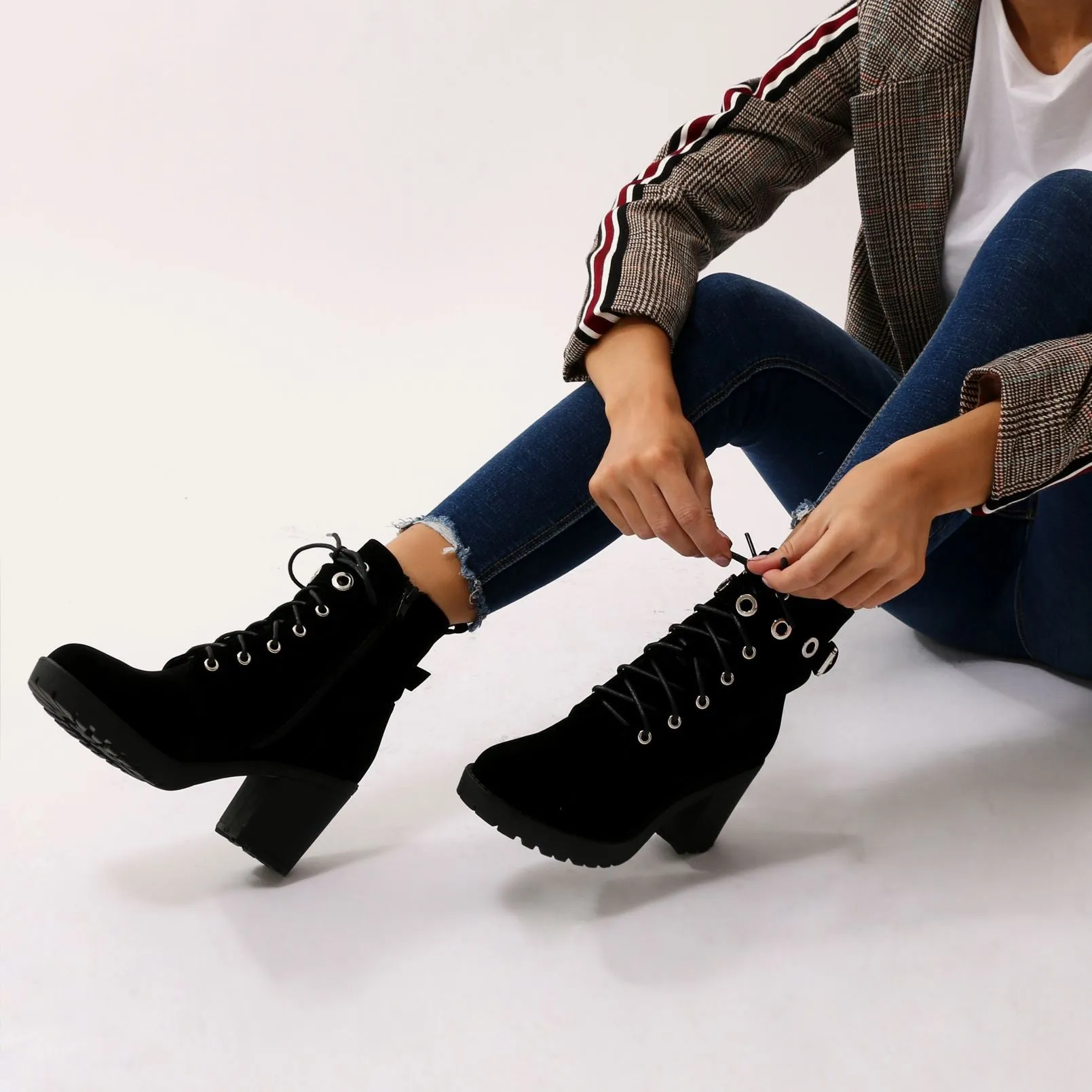 Noise Eyelet Biker Boots in Black Faux Suede