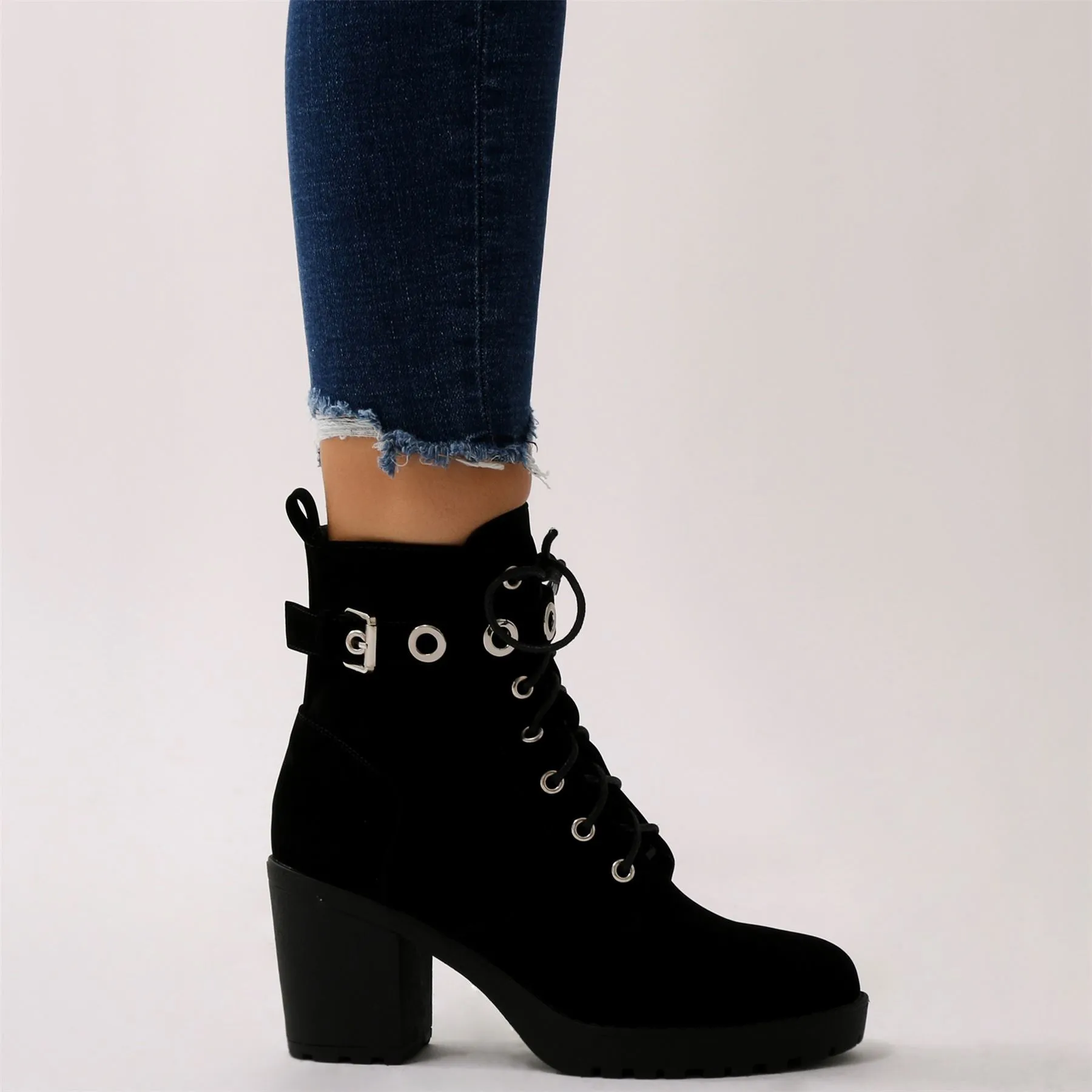 Noise Eyelet Biker Boots in Black Faux Suede