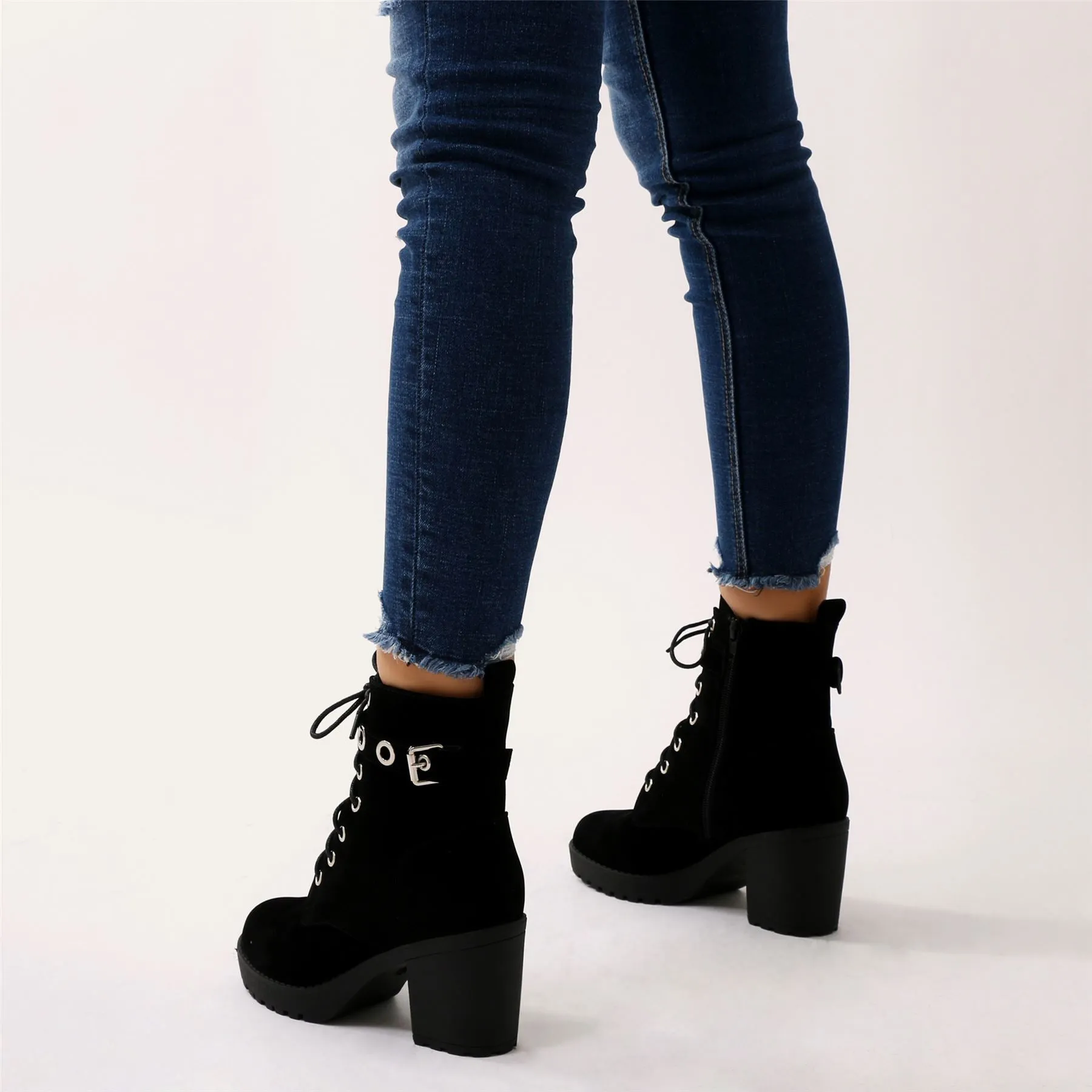 Noise Eyelet Biker Boots in Black Faux Suede