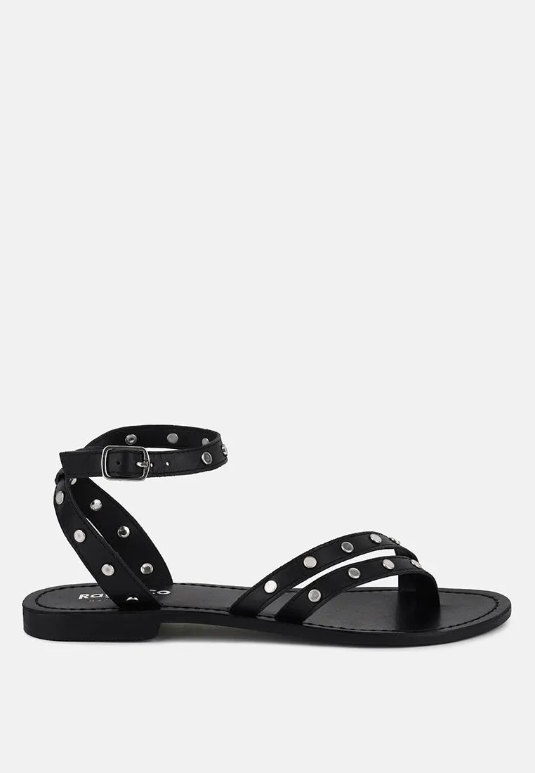 OPRAH Studs Embellished Flat Sandals in Black