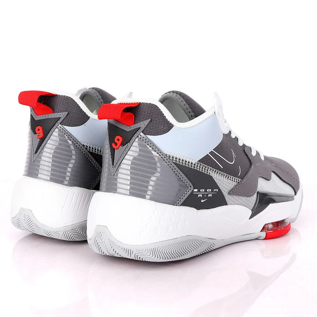 Original Air Jordan Zoom Grey And White Sneakers With Classic Red Designs