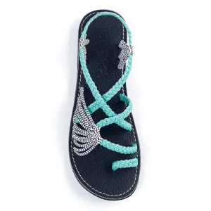 Palm Leaf Flat Women's Sandals | Turquoise-Zebra