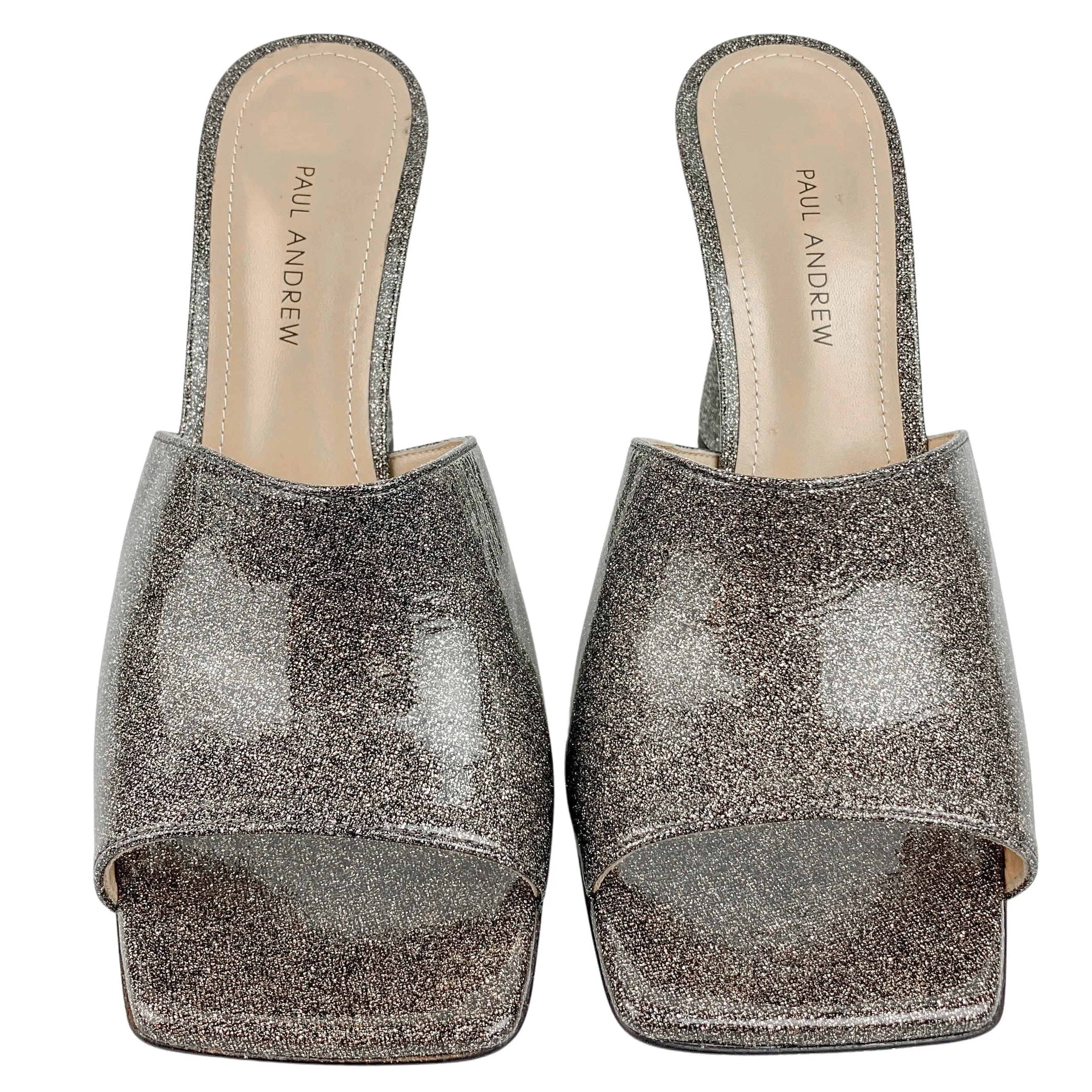 Paul Andrew Arc Mules in Silver Glitter