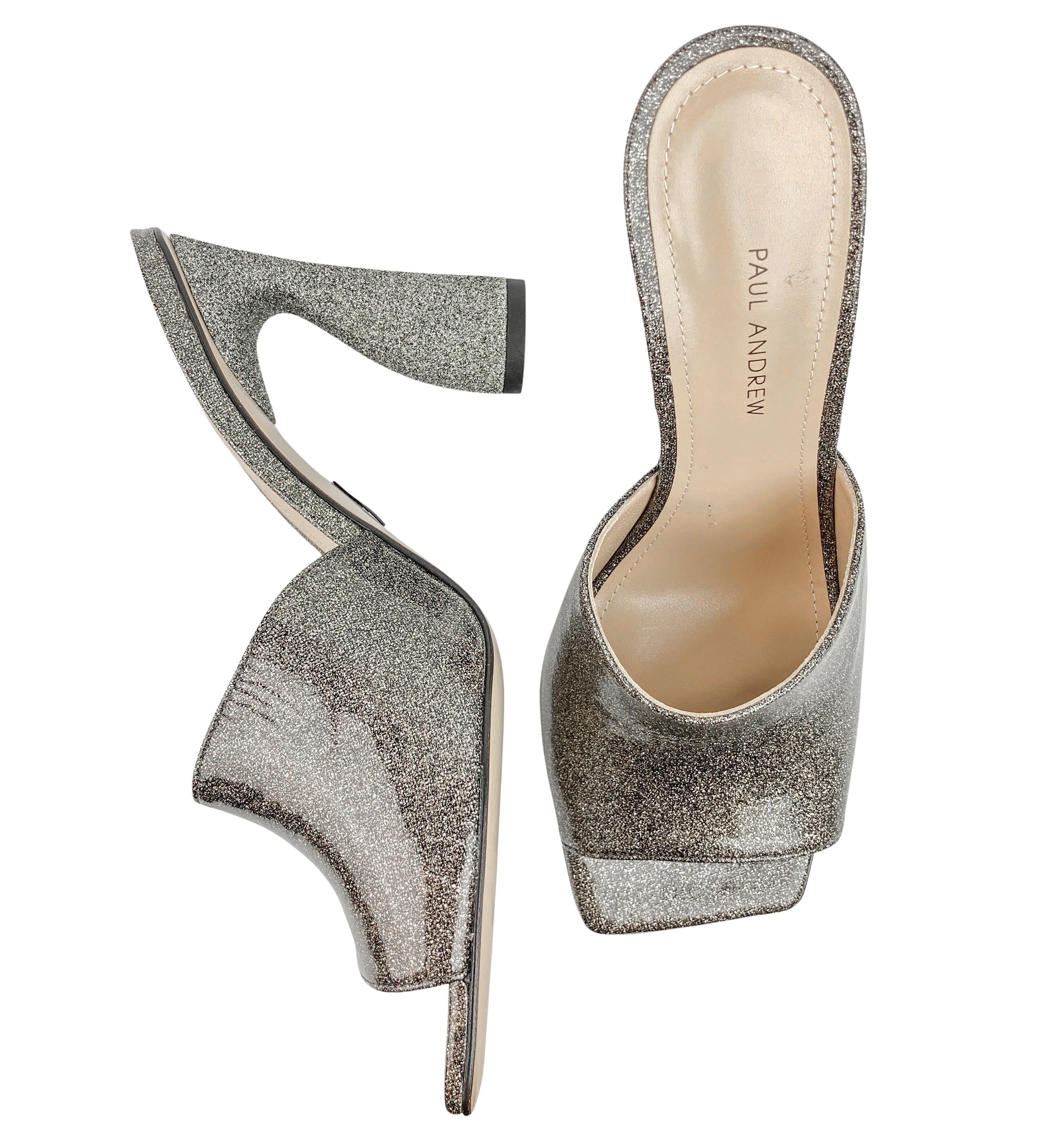 Paul Andrew Arc Mules in Silver Glitter