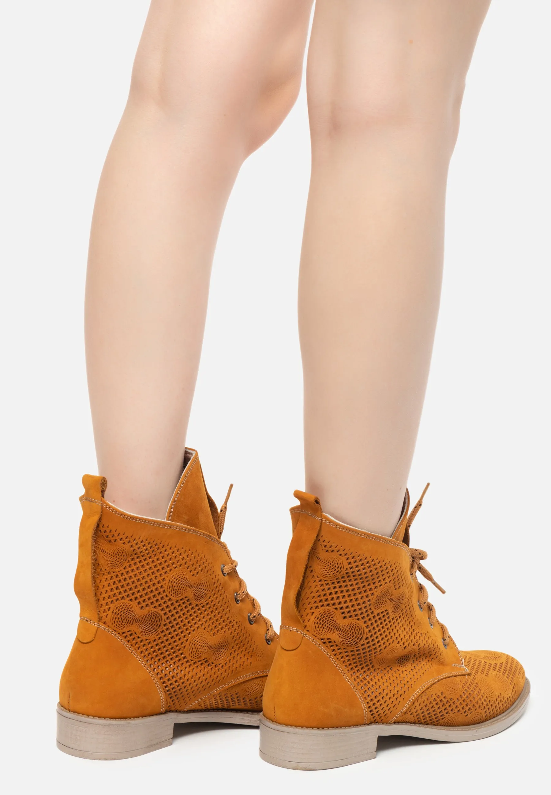 Perforated Leather Ankle Boots - Orange