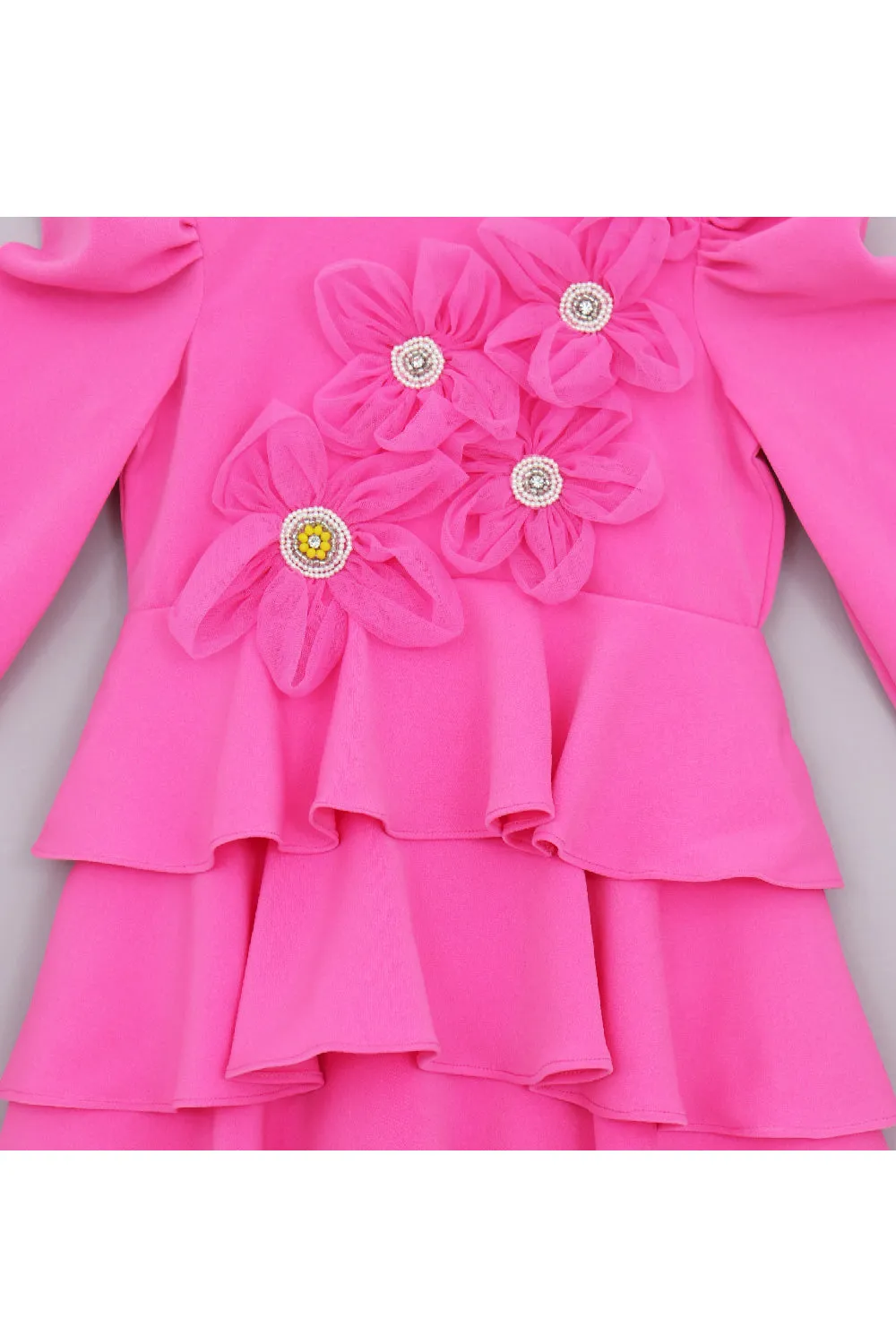 Pink Flower Detailing Puff Sleeves Dress With Hairband