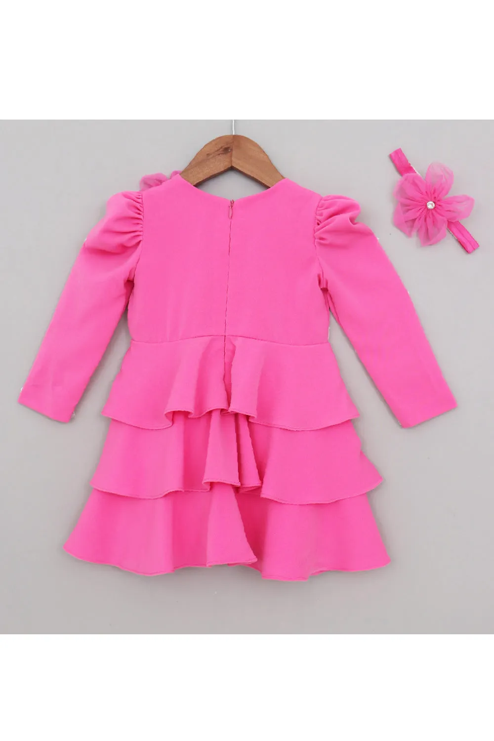 Pink Flower Detailing Puff Sleeves Dress With Hairband