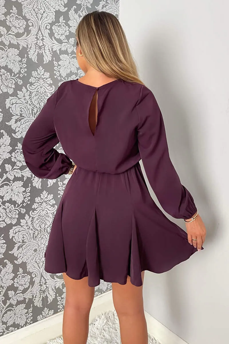 Plum Long Sleeve Frill Skirt Dress