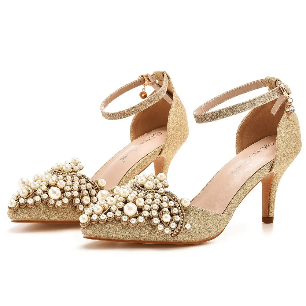 Pointed Toe Pearl Gold Glitter Ankle Strap High Heel