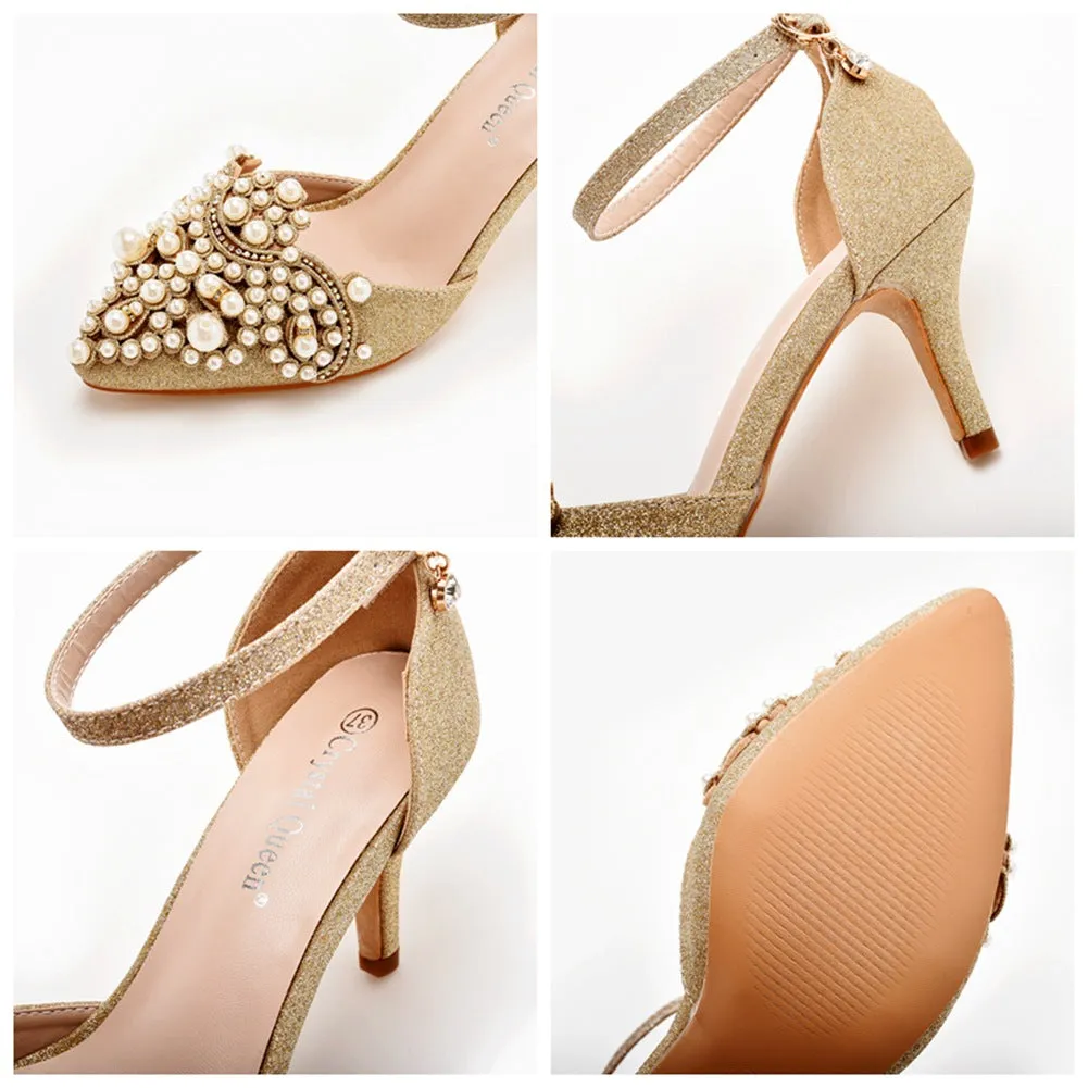 Pointed Toe Pearl Gold Glitter Ankle Strap High Heel