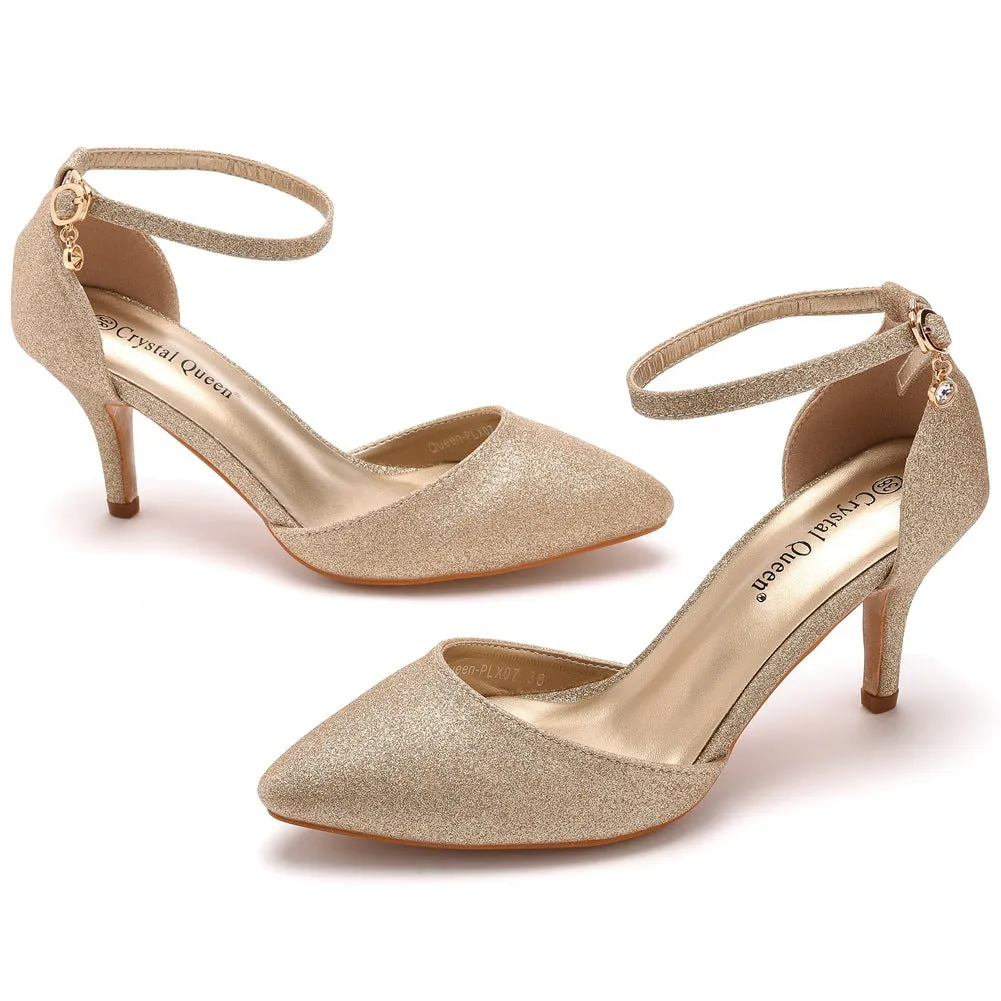 Pointed Toe Simple Glitter Stiletto Ankle-Strap High Heels