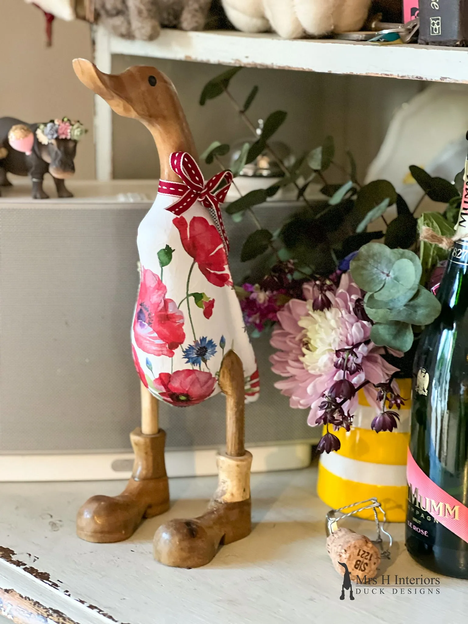 Poppy - The Floral Decorated Wooden Duck in Boots by Mrs H the Duck Lady