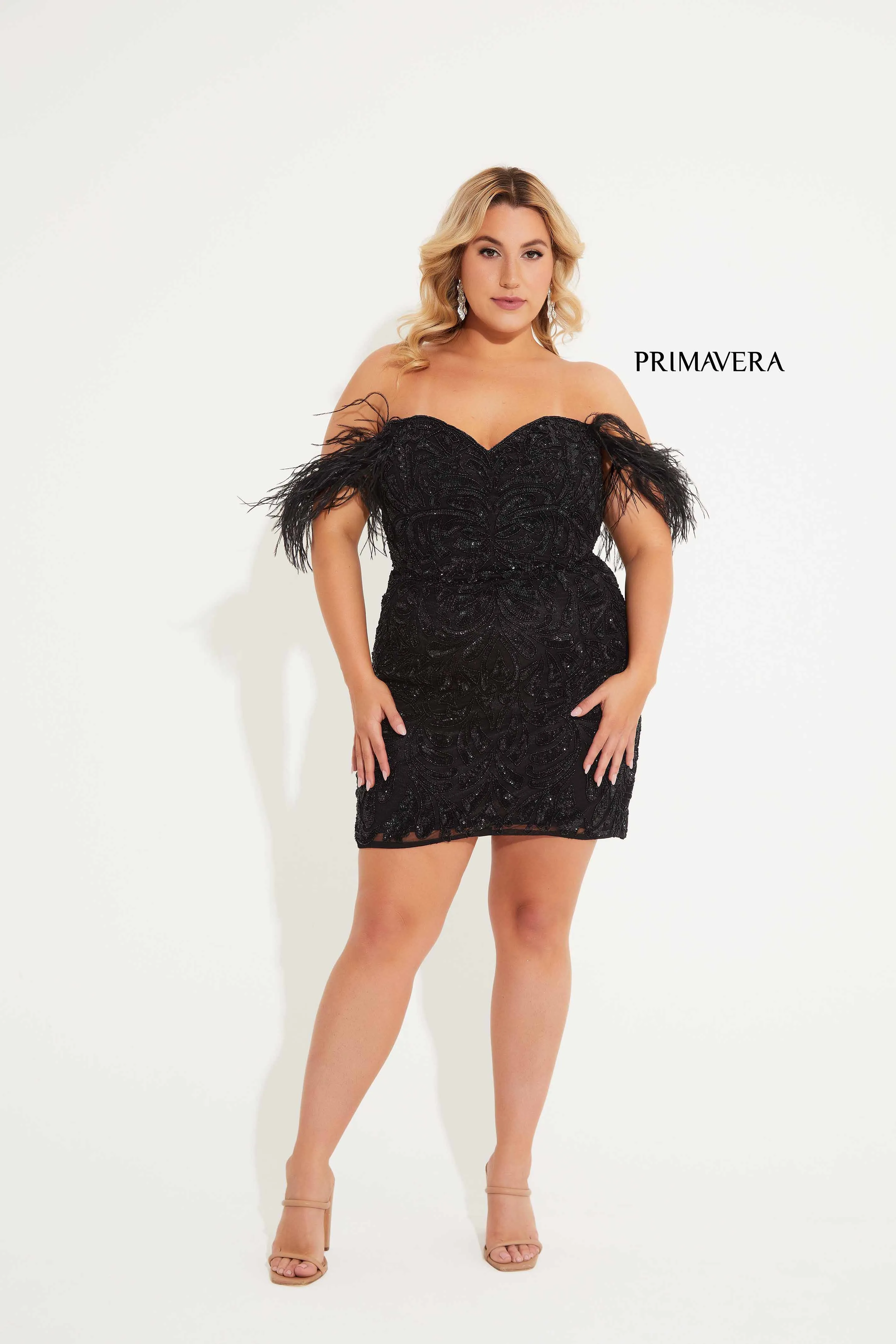 Primavera Couture 14062 Off the Shoulder Cocktail Dress Sequined Feathers Corset Curvy