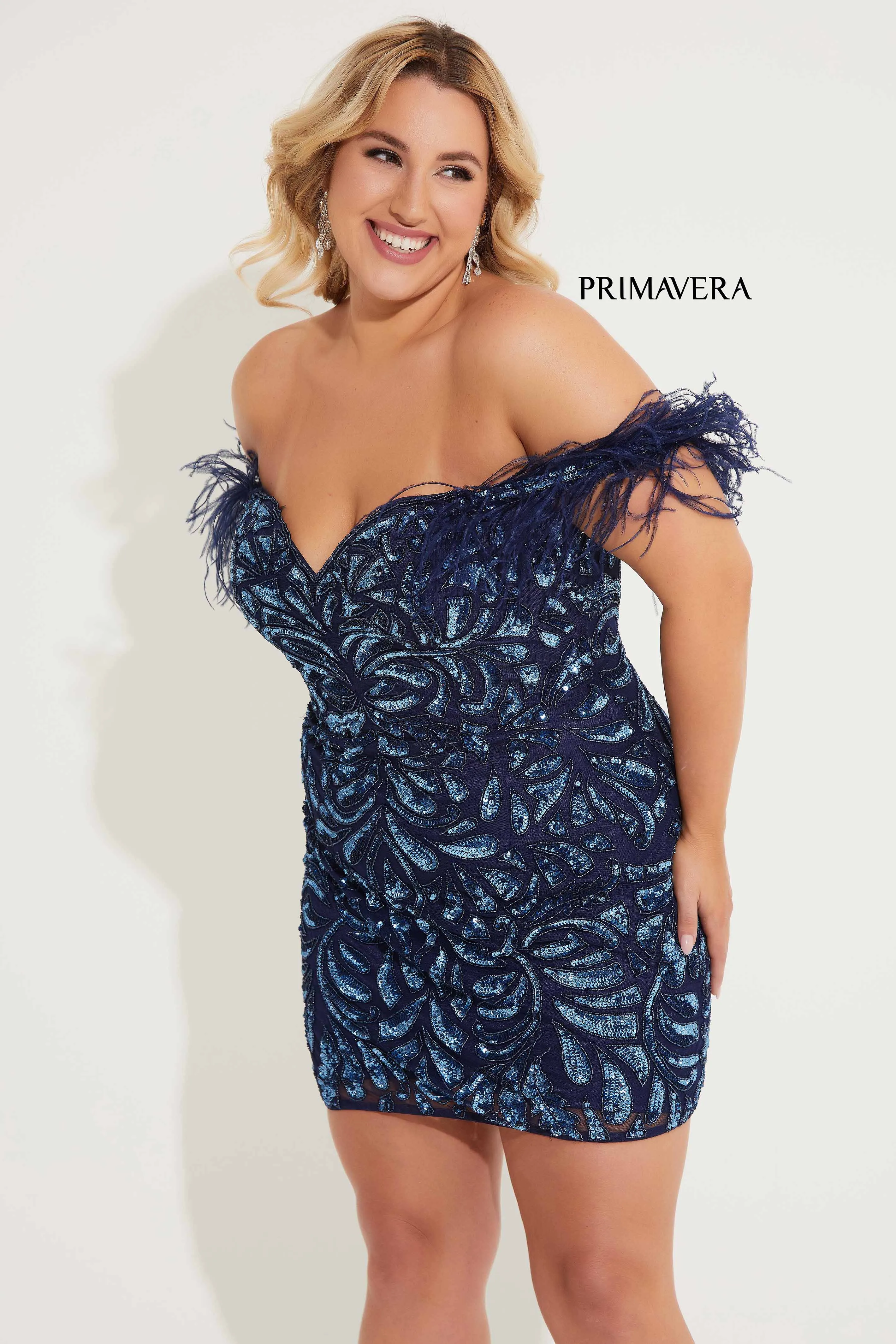 Primavera Couture 14062 Off the Shoulder Cocktail Dress Sequined Feathers Corset Curvy