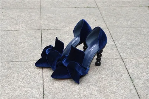 Purpdrank - Navy Blue Brand Designer Women Shoes Pearl High Heel Pointed Toe Velvet Bow 9 cm Stiletto Party Shoes Pumps 34-43