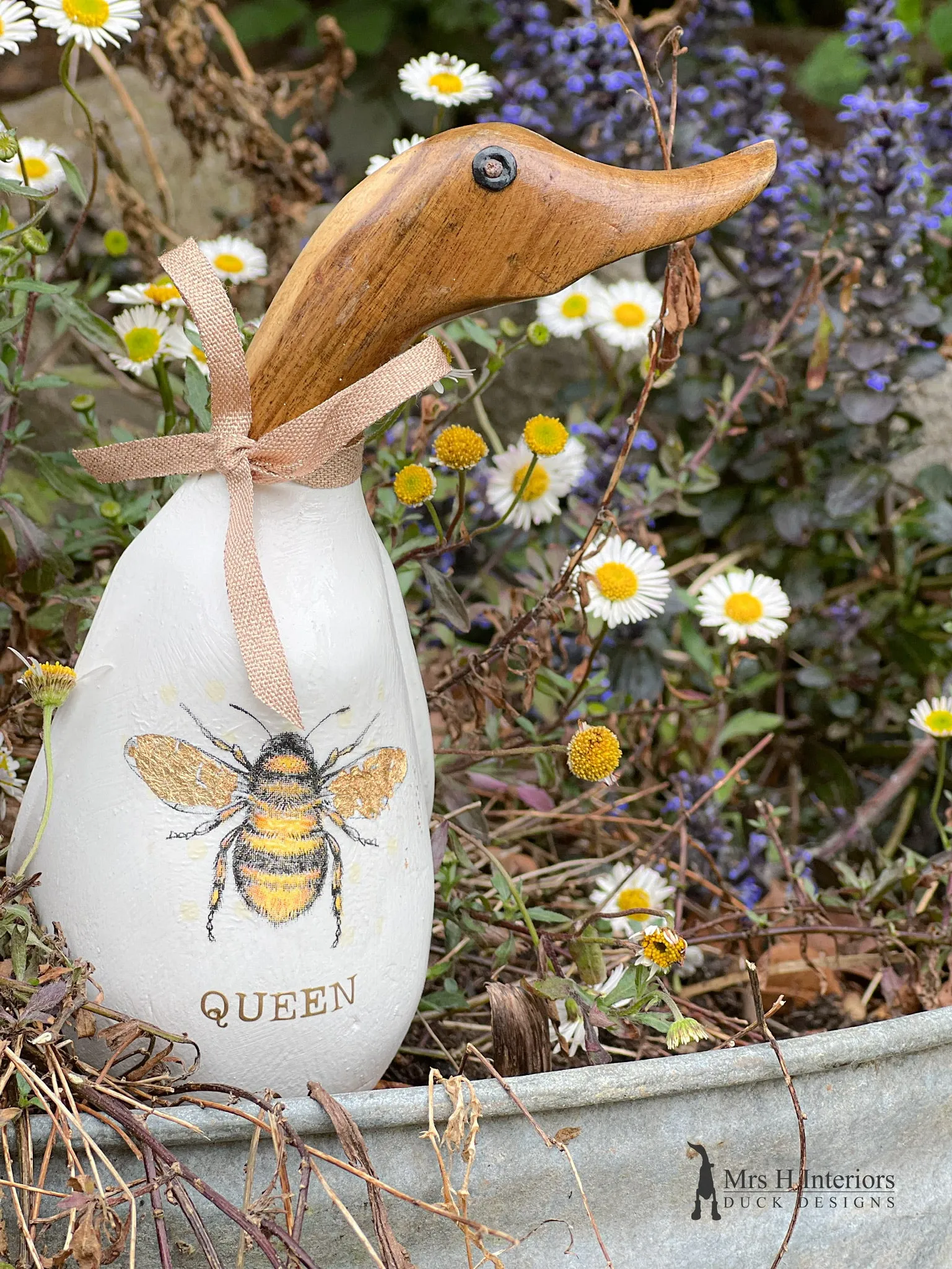 Queen Bee - Decorated Wooden Duck in Boots by Mrs H the Duck Lady