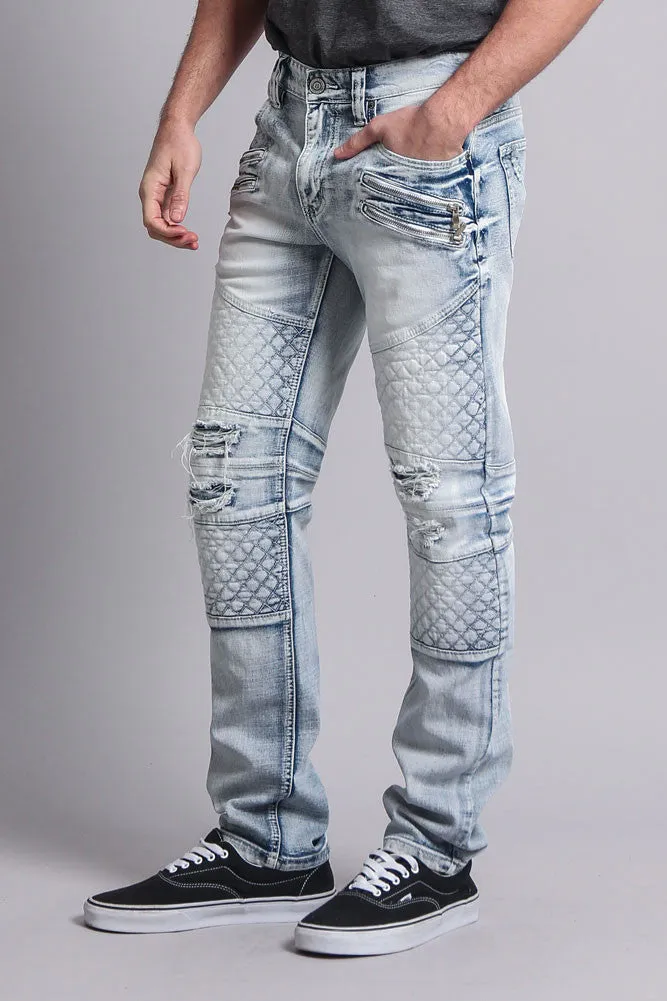 Quilted Ripped Washed Biker Jeans