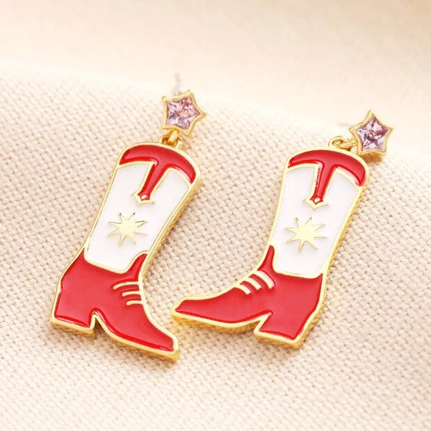 Red Enamel Cowboy Boot Drop Earrings in Gold