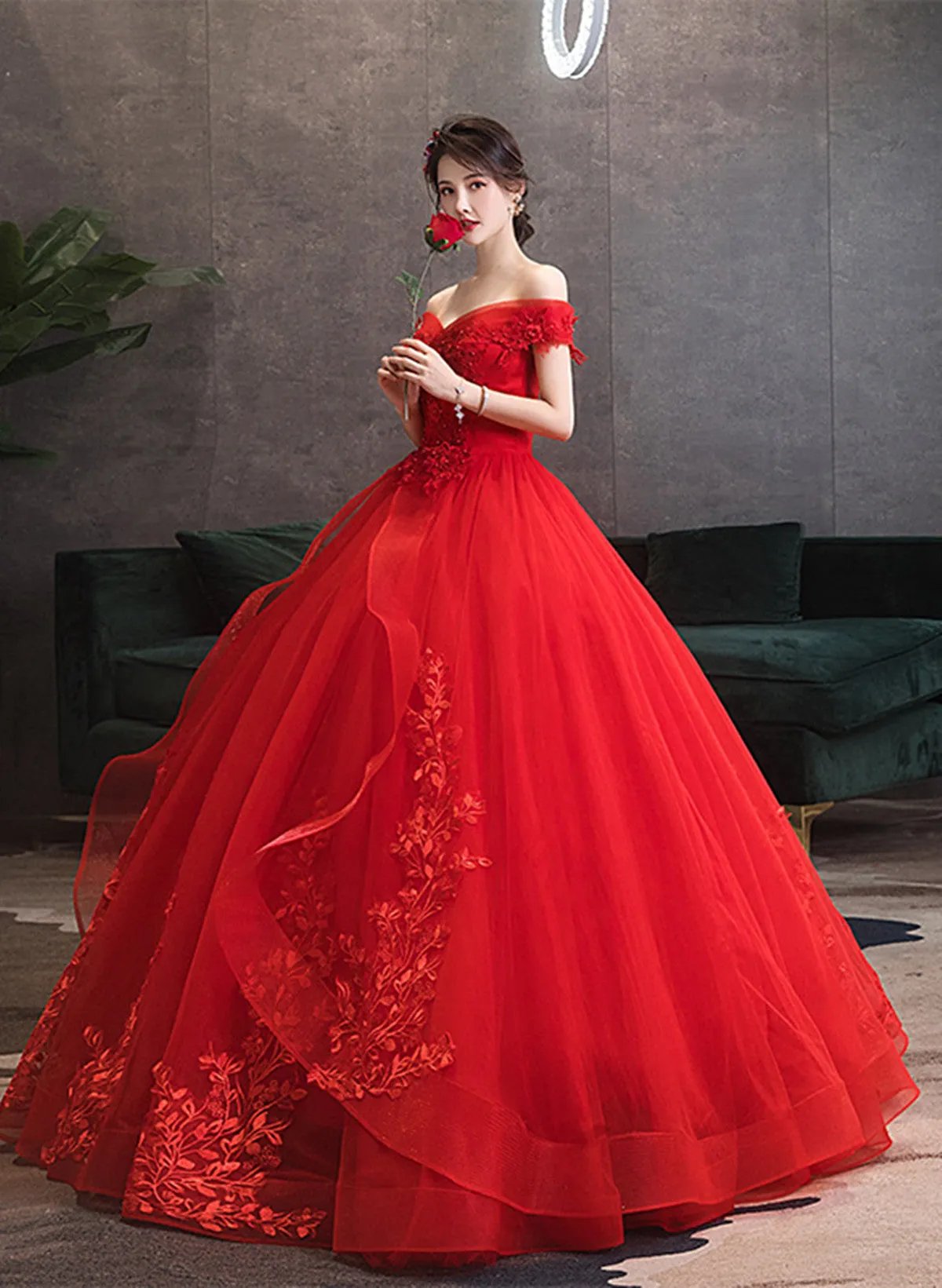 Red Tulle Ball Gown with Lace Sweetheart Long Formal Dress, Red Tulle Evening Dress