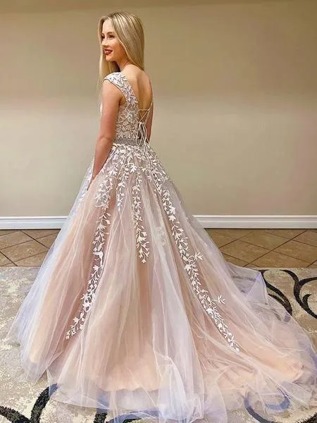 Round Neck Tulle Open Back Long Prom Dress With Lace Applique PSK115