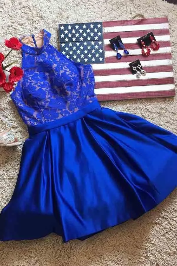 Royal Blue Halter Satin Short Prom Dresses Homecoming Dresses  PD161