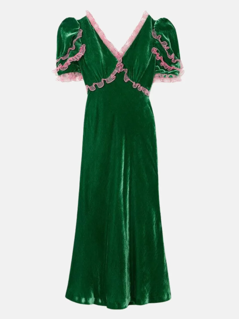 Ruffled Tulle Trimmed Velvet Midi Dress in Green