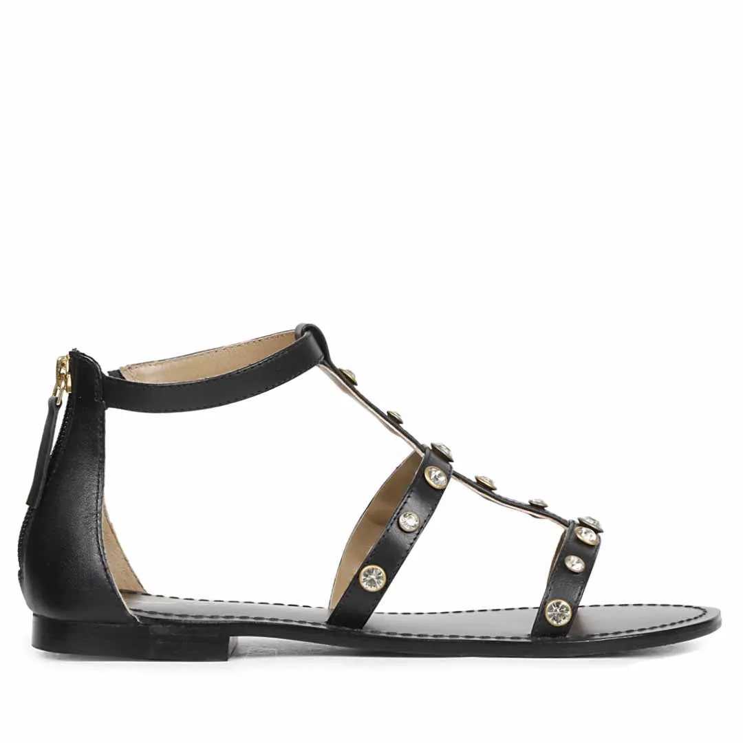 Saint Dion Crystal Stone Studded Black Leather Sandals