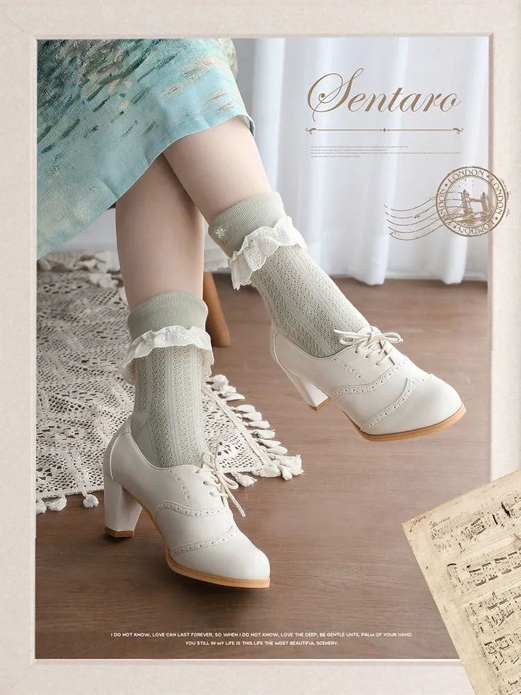 Sentaro~Retro Lolita Heel Shoes Handmade Perforated Strap Leather Shoes