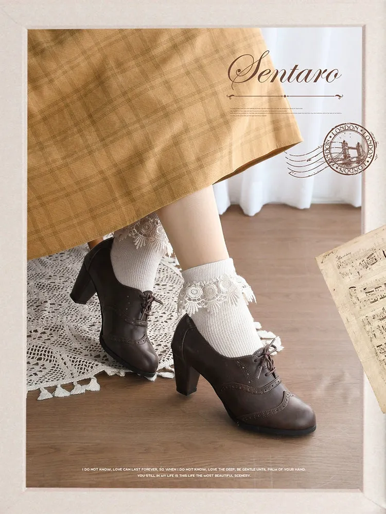 Sentaro~Retro Lolita Heel Shoes Handmade Perforated Strap Leather Shoes