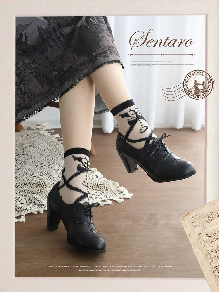 Sentaro~Retro Lolita Heel Shoes Handmade Perforated Strap Leather Shoes