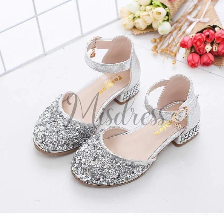 Silver/Pink Glitter Rhinestone High Heel Baby Kids Princess Party Shoes Wedding Flower Girl Shoes