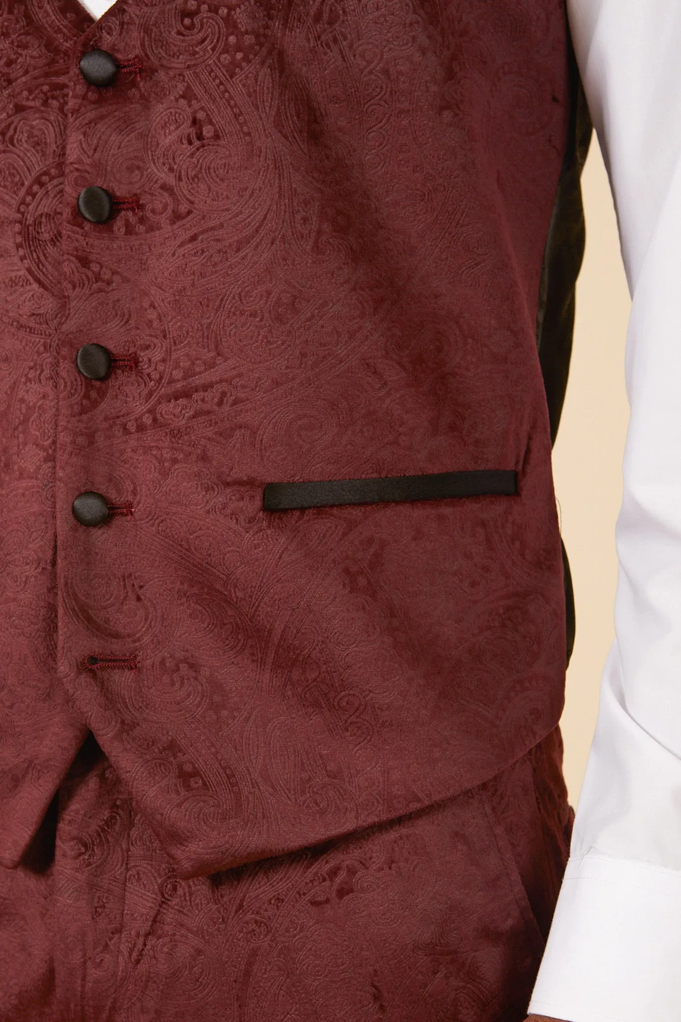 SIMON - Wine Velvet Jacquard Three Piece Suit