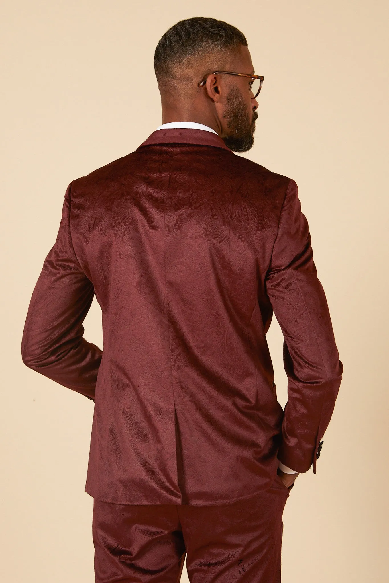 SIMON - Wine Velvet Jacquard Three Piece Suit